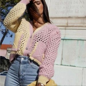 NWT YELLOW PINK WOOL ALPACA CARDIGAN SWEATER JEWEL BUTTON SMALL